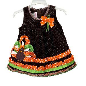 Vintage Jessica Ann Thanksgiving Dress 6-9 Mo Corduroy Turkey Applique Brown